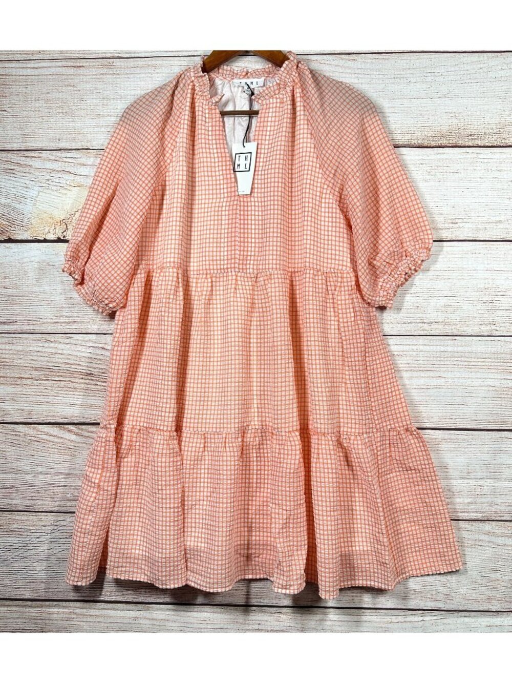 THML Women’s Size M Orange White Gingham Tiered Dress Puff Sleeve Lined NWT